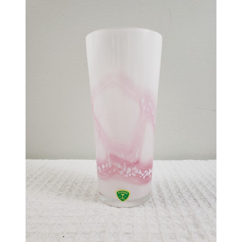 (J5) Kusak Fantasia Art Cut Crystal Glass Vase Pink White Swirl